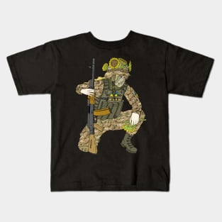 a ukrainian soldier with sunflowers and a flag. Kids T-Shirt